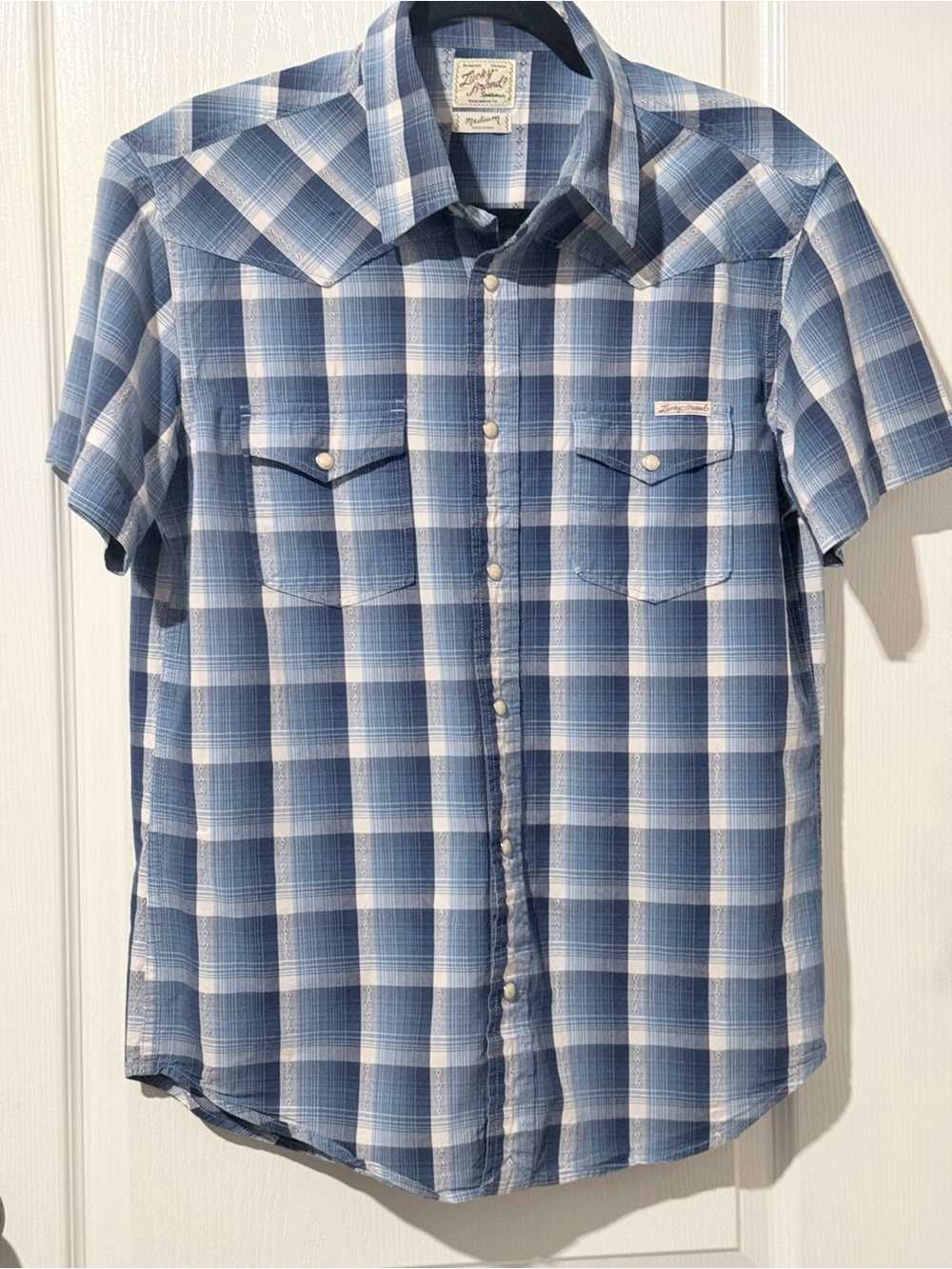 Lucky Brand Blue and White Plaid Short-Sleeve Button-Down Shirt
